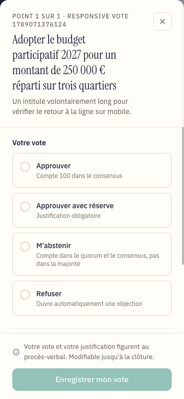Volet de vote sur mobile : approuver, approuver avec réserve, s'abstenir, refuser
